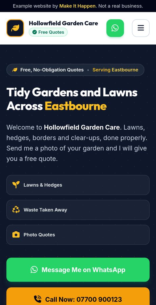 An example website for a gardener, shown on a phone